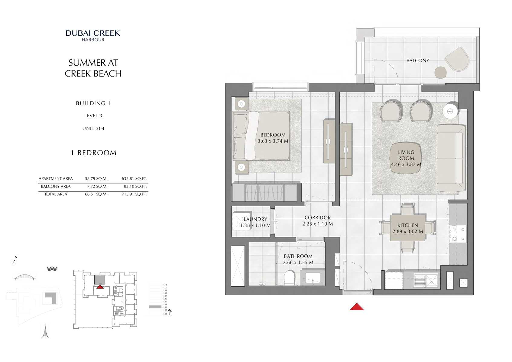1 Br Building 1 Level 3 Unit 304, Size 715 Sq FT
